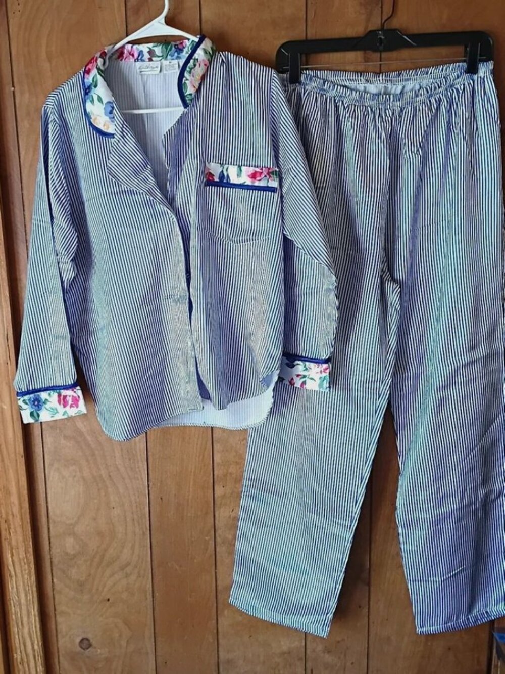 Kathryn Women’s Pajama Set M Blue/White Striped Satin Button Front